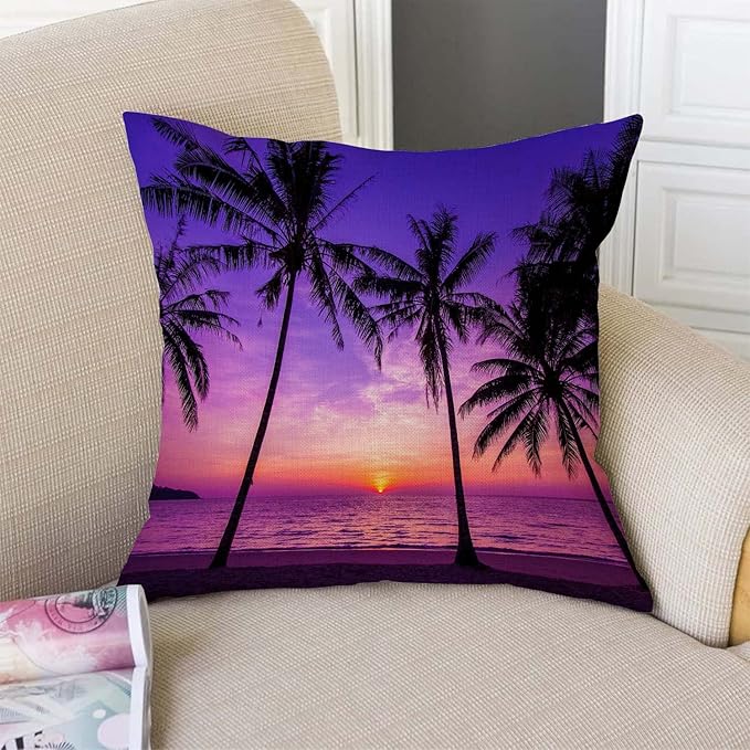 TSSOHU Sunset Beach Pillow Cover 18x18 Inch Tropical Palm Tree Landscape Cotton Linen Cushion Cover for Home Sofa Chair Decor Farmhouse Pillow Case