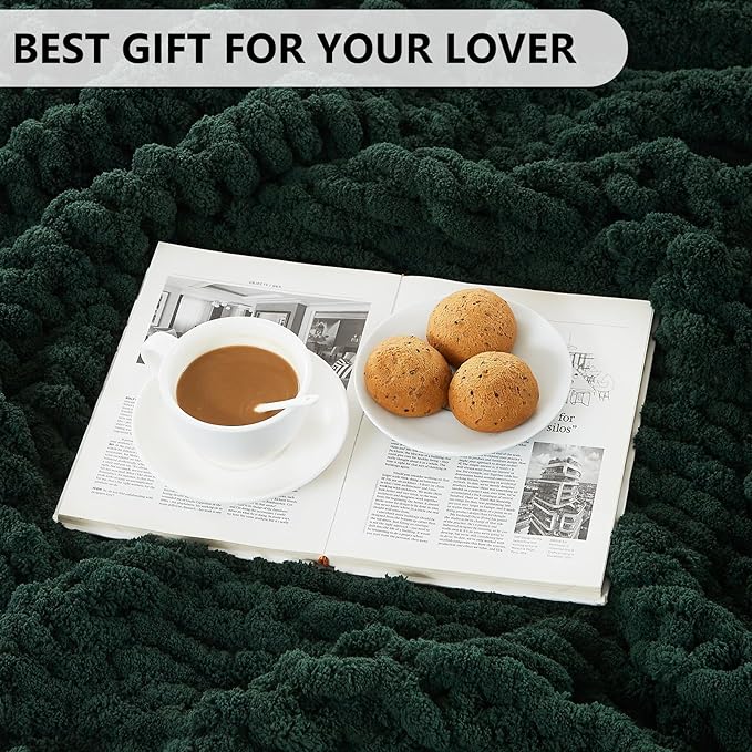 L'AGRATY Chunky Knit Blanket Throw: 72''x84'' Chenille Chunky Knitted Throw Blanket for Bed Couch - Handmade Thick Big Cable Knit Blanket - Large Chunky Crochet Rope Blanket for Home Decor(Green)