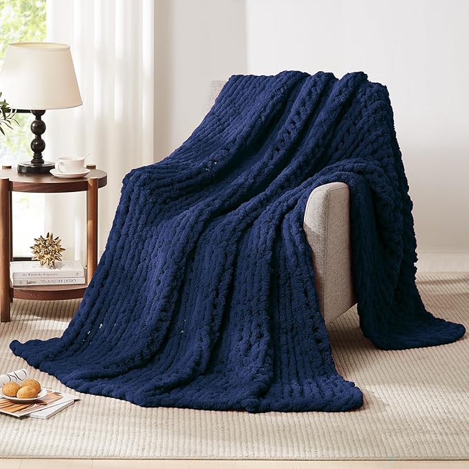 L'AGRATY Chunky Knit Blanket Throw - Soft Chunky Throw Blanket 50x60: 100% Hand Kintted Chenile Crochet Throw Blanket for Couch - Large Cable Knit Chunky Blanket for Home Decor(Dark Blue)