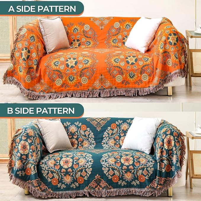 Throw Blanket for Couch Bed Chair,100% Cotton Soft Lightweight Blanket Rustic Quilt -Orange Floral Printed Farmhouse Decor Bed All Season Blankets,90"×98"