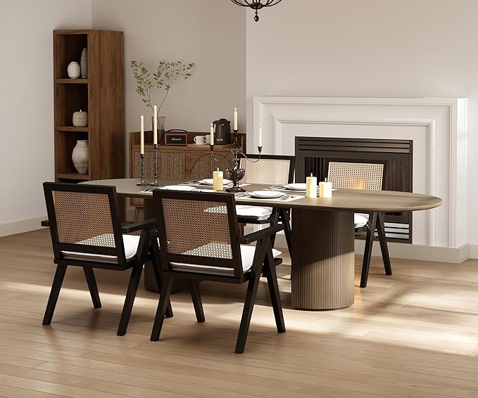 Rattan Dining Chairs Set of 2, Farmhouse Wicker Dining Chairs with Removable Linen Cushion Accent Cane Armchair for Dining Room Kitchen Restaurant, Black