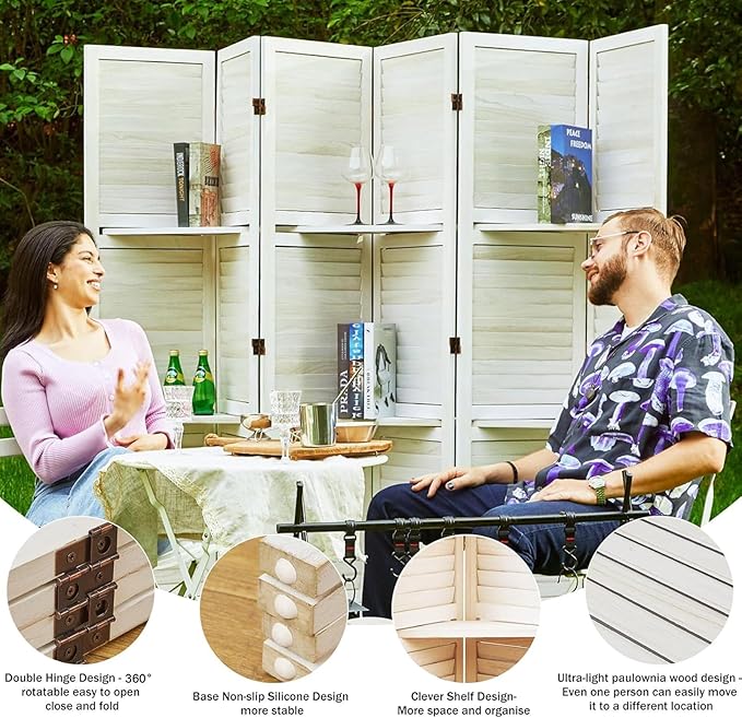 Partition Room Dividers, Folding Wood Privacy Screen with Three Display Shelves Suitable for Home Office, Study, Art Display - 6 Panel, 67 * 77inch (White)