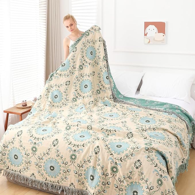 Snycler Boho Throw Blanket for Bed - 100% Cotton Ultra Soft Rustic Quilt - Blue Boho Floral Printed Farmhouse Decor Bed Blankets, 91"×98" All Season Rustic Throw for Sofa Couch Chair