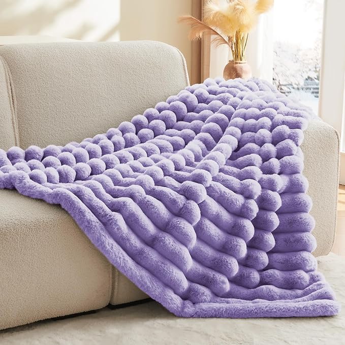 BEDELITE Faux Fur Throw Blanket for Couch, Soft and Cozy Luxurious 3D Striped Fluffy Blanket, 770GSM Thick Warm Plush Fuzzy Faux Rabbit Fur Blanket for Women Gift (Lavender, 50"x 60")