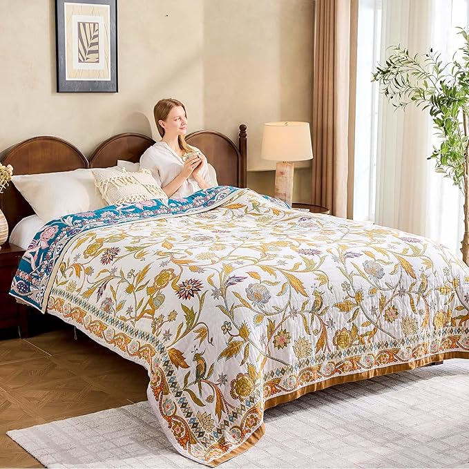 Fall Throw Blanket for Couch, Brown Boho Decorative Throw Blanket, 100% Cotton Muslin Breathable Woven Farmhouse Blankets Quilt, 80"x90" Reversible Lightweight Blankets Bohemian Throw Quilt