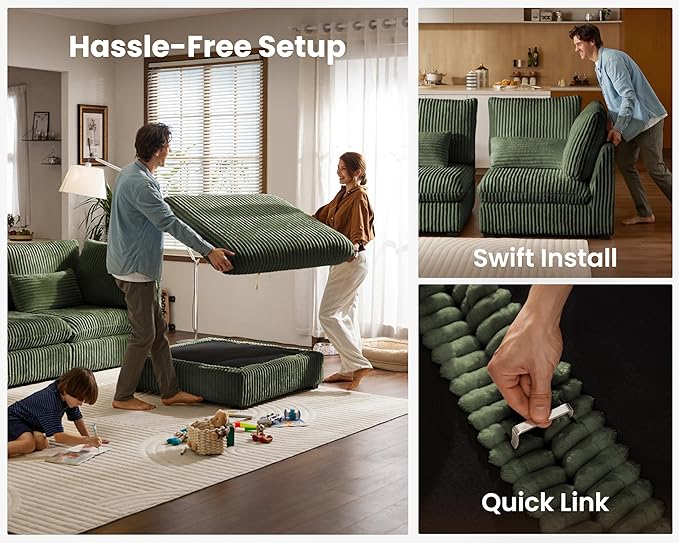 Oversized Modular Sofa, Extra Deep Cloud Corduroy Sectional Couch with Ottoman Chaise, Fluffy Chenille 3 Seater Sofa for Living Room, Villa (Basic 3 Seater, Corduroy Green)