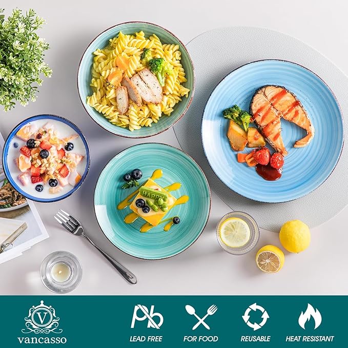 vancasso Bonita Dinnerware Set 24 Pieces Blue Stoneware Service for 6, Handpainted Spirals Pattern Stoneware Combination Set