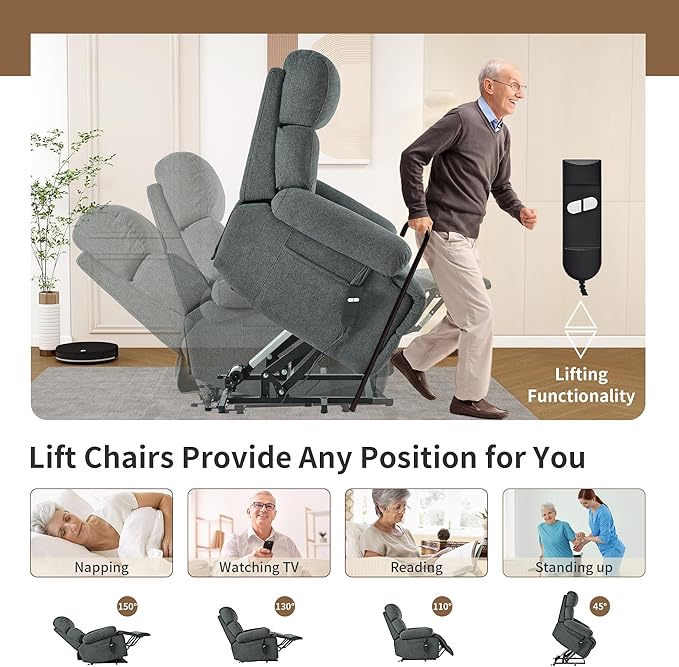 Power Lift Chair Recliners for Elderly, Overstuffed Electric Lift Recliner Chair with Widened Footrest Side Packets for Living Room Bedroom