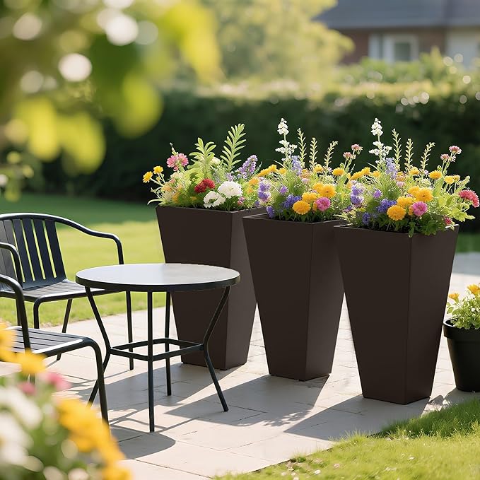 Outsunny Tall Planters for Outdoor Plants Set of 3, 28 in Taper Planters with Drainage Holes, Indoor Grande Plant Pots, Front Porch Decor, Brown