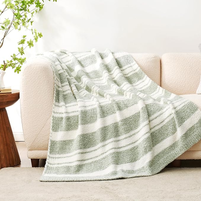 Snuggle Sac Stripe Sage Green Blanket Twin Size, Reversible Super Soft Warm Bed Blankets, Cozy Knit Fuzzy Blanket for Bed,Sofa, Living Room, Stripe Green, 60"x80"