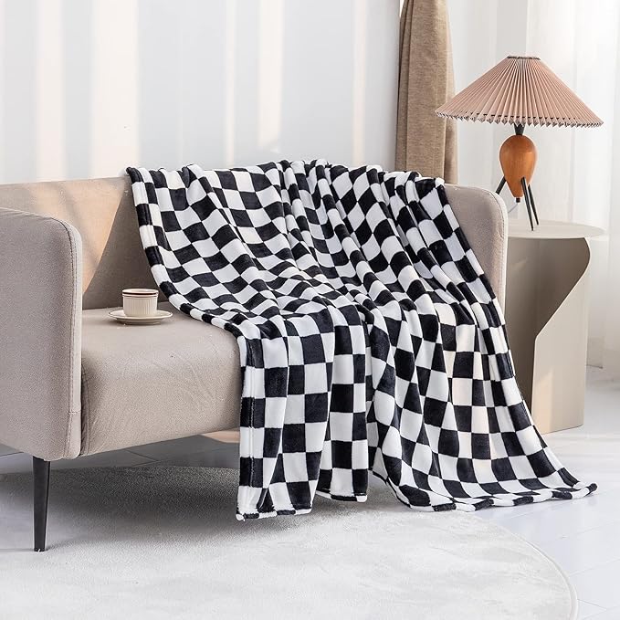 LOMAO Throw Blankets Flannel Blanket with Checkerboard Grid Pattern Soft Throw Blanket for Couch, Bed, Sofa Luxurious Warm and Cozy for All Seasons (Black, 90"x110")