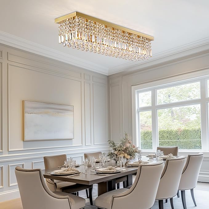 Rectangle Chandelier 8-Light Crystal Chandeliers, Modern Dining Room Light Fixture Luxury Gold Rectangular Flush Mount Chandelier Ceiling Light for Dining Room Living Room Kitchen Island Bar L40 Inch