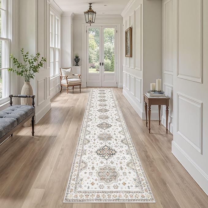 Washable 2.6x12 Runner Rug - Area Rugs Neutral Vintage Distressed Floral Farmhouse Boho Large Soft Floor Rug Indoor Carpet for Hallway Entryway Kitchen Home - Blue Brown