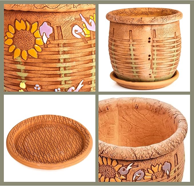 Ceramic Pot with Drainage Hole and Saucer, Plant Pots, Modern Decorative Planters for House Plants Indoor Flowers Plants, Cute Flower Pot - Gifts (Wicker (1.6 L))
