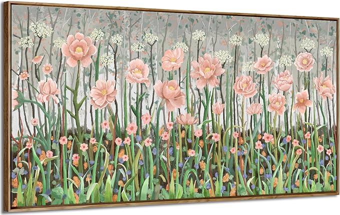 amatop Framed Large Floral Wall Art Modern Botanical Canvas Print Flower Field Wall Decor Abstract Landscape Picture Blooming Flower Forest Pink Green Artwork for Living Room Bedroom Office 48x24 in