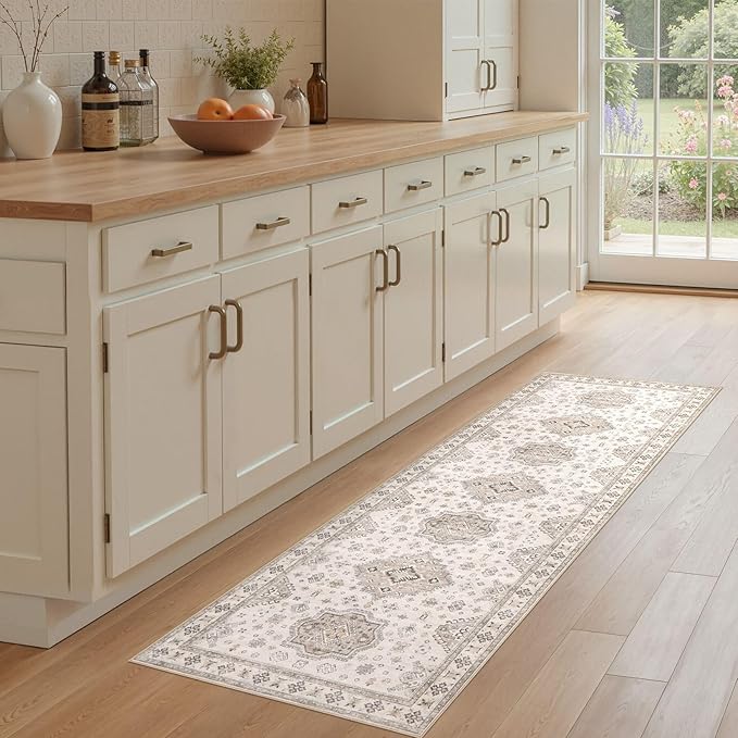 Washable 2x6 Runner Rug - Area Rugs Neutral Vintage Distressed Floral Farmhouse Boho Large Soft Floor Rug Indoor Carpet for Hallway Entryway Bedroom Kitchen - Beige Brown