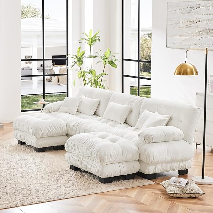 U Shaped Couch Sectional Couch, 3-Seater Cloud Couch Sectional Oversized Couch, Sofa Bed Couch with Round Bolster Armrests 5 Pillows, Modular Couch Home Sofa Living Room Couch(White)