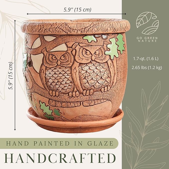 Ceramic Pot with Drainage Hole and Saucer, Plant Pots, Modern Decorative Planters for House Plants Indoor Flowers Plants, Cute Flower Pot - Gifts (Owls (1.6 L))