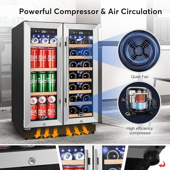 Tylza Upgraded Wine and Beverage Refrigerator 24 Inch, Dual Zone Wine Beverage Cooler with French Door, Under Counter Wine Beer Fridge Built-In or Freestanding, Holds 20 Bottles and 88 Cans, Low Noise
