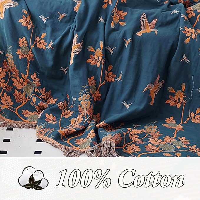 Snycler Boho Throw Blanket for Bed, 100% Organic Cotton Muslin Soft Throw-Floral Bird Farmhouse Rustic Spring Summer Fall Decor Blanket for Couch Sofa Quilt and Gift, 80" x 90" Orange