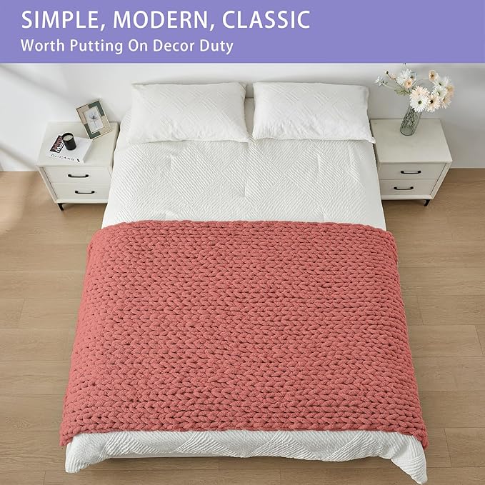 Bigacogo Chunky Knit Throw Blanket for Couch, 40x80 inches, 100% Hand Knitted with Thick Jumbo Chenille Yarn, Cozy Soft Large Rope Knot Cable Crochet Blankets for Sofa Bed Living Room, Antique Red