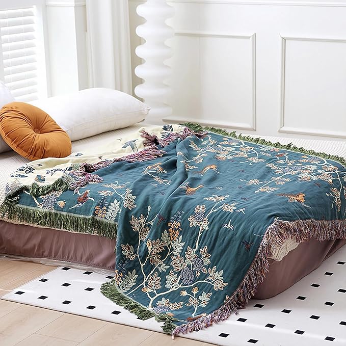 Snycler Boho Throw Blanket for Bed - 100% Cotton Ultra Soft Rustic Quilt Blanket Green Floral Bird Printed Farmhouse Decor Bed Blankets, 60"×80" All Season Rustic Throw for Sofa Chair Couch