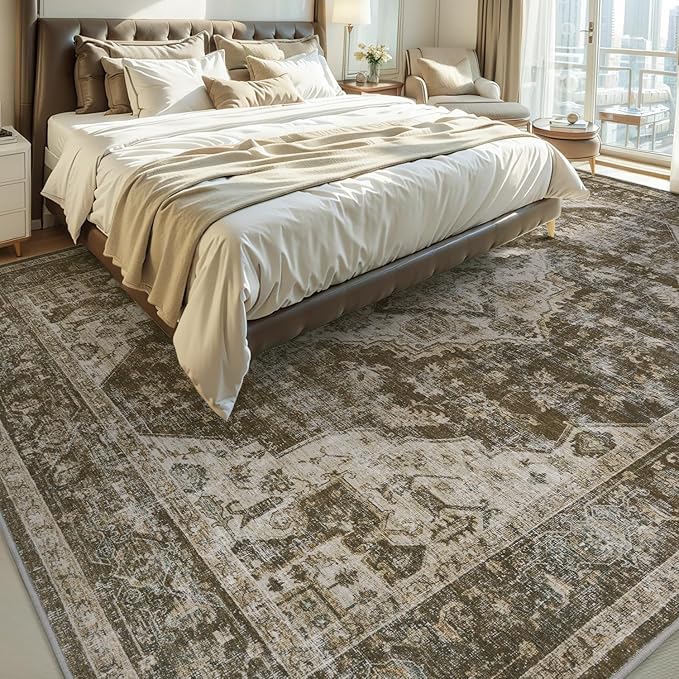 AMOAMI-Area Rug 5X7 Rugs for Living Room-Vintage Soft Coffee&Brown Rugs for Bedroom-Non Slip Carpet-Machine Washable Rug for Dining Room Living Room Bedroom Office Under Table