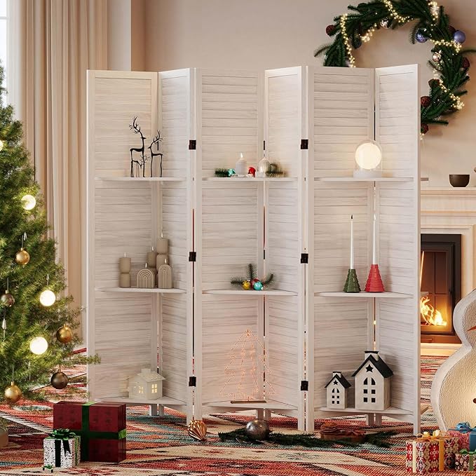 Partition Room Dividers, Folding Wood Privacy Screen with Three Display Shelves Suitable for Home Office, Study, Art Display - 6 Panel, 67 * 77inch (White)
