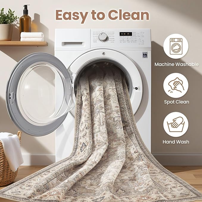 Washable Area Rugs for Living Room - 8x10 Neutral Vintage Distressed Floral Farmhouse Boho Large Soft Floor Rug Indoor Non Slip Carpet for Bedroom Dining Room Office - Brown/Multi