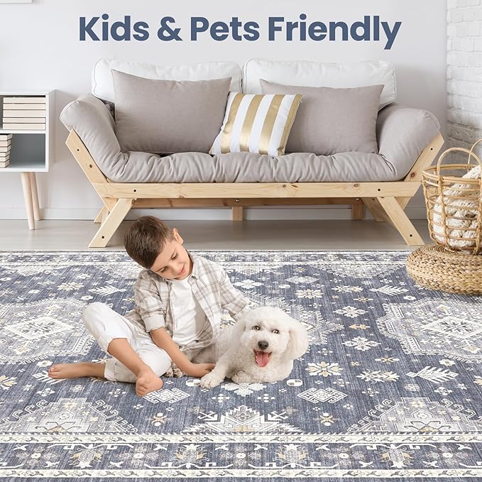 Washable Area Rugs for Living Room -10x14 Neutral Vintage Distressed Floral Farmhouse Boho Large Soft Floor Rug Indoor Non Slip Carpet for Living Room Bedroom Dining Room Office - Denim Blue/Grey