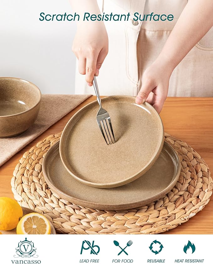 vancasso ANYA 24 Pieces Plates and Bowls Set, Caramel Dinnerware Sets, Reactive Glaze Dishes Set for 8, Ceramic Dishware Sets Kitchen Dinner Set, Microwave & Dishwasher Safe