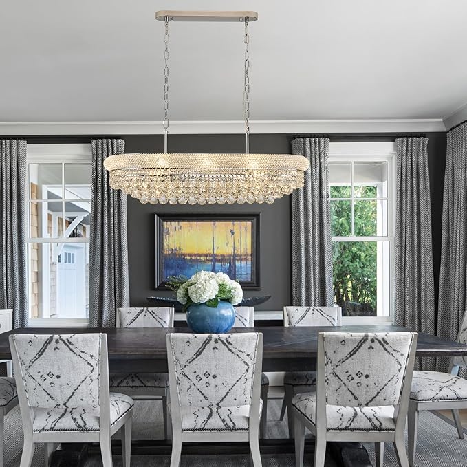 Rectangular Crystal Chandeliers for Dining Room,10 Lights Adjustable Height Oval Crystal Ceiling Light Fixture for Kitchen Island, Chrome Finish, L36''