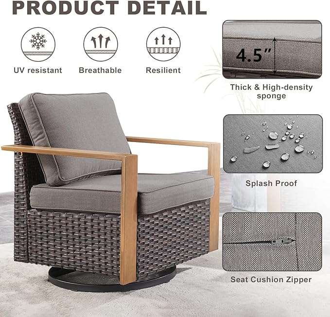 Outdoor Wicker Patio Furniture Set - 6 Piece Patio Conversation Set with 2 Wicker Swivel Rocker Chairs,2 Rattan Ottoman,1 Side Table and 1 Couch,Thick Cushions,Deep Seating(Brown/Grey)