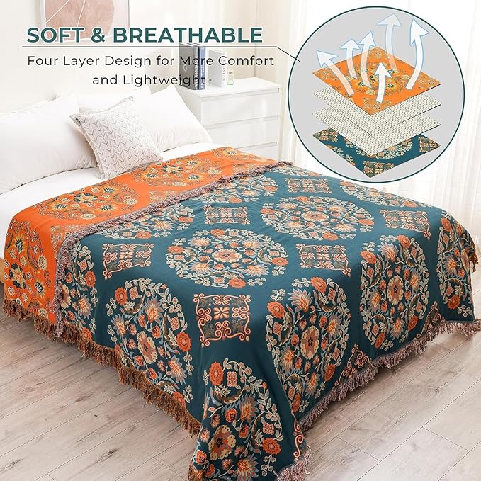 Throw Blanket for Couch Bed Chair,100% Cotton Soft Lightweight Blanket Rustic Quilt -Orange Floral Printed Farmhouse Decor Bed All Season Blankets,90"×98"