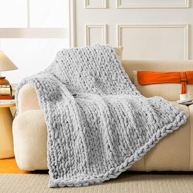 Ultra Soft Chunky Knit Blanket Throw -50x60 Hand Knitted Warm Chenille Throw Blanket, Home Decor Soft Thick Yarn Cable Knit Blanket Breathable Fleece Banket Christmas for Couch Bed Sofa Best GIF