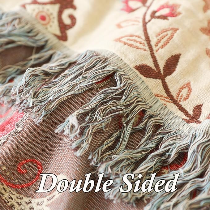 Snycler Boho Throw Blanket for Bed - 100% Cotton Ultra Soft Rustic Quilt - Pink Boho Floral Printed Farmhouse Decor Bed Blankets, 80"×90" All Season Rustic Throw for Sofa Couch Chair