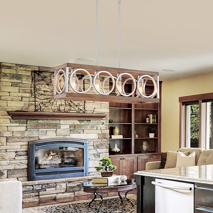 XINGQI Farmhouse Dining Room Chandeliers, Rectangle Vintage Hanging Lighting Fixtures, 4-Light Kitchen Island Lighting, Rustic Metal Chandelier Pendant Light, Antique Wood Grain XY082