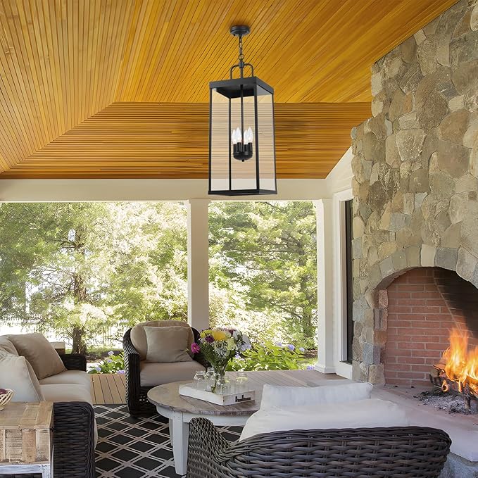 Large Outdoor Pendant Lantern Light Fixture for Front Porch, 28 Inch 4-Light Black Exterior Hanging Chandelier with Clear Glass, Outdoor Indoor Pendant Lamp for Patio, Gazebo, Entryway, Doorway