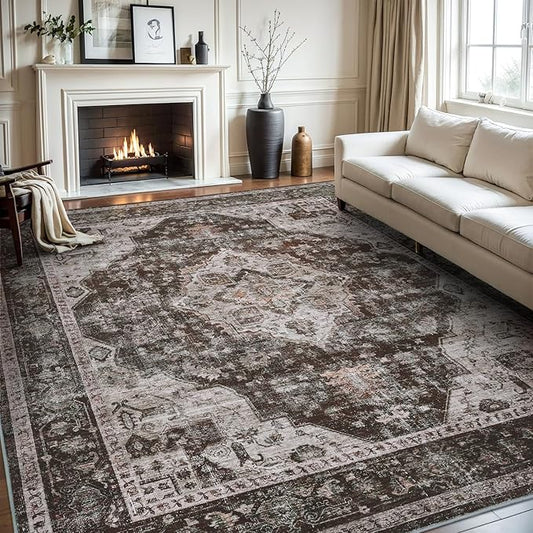 AMOAMI-Area Rug 8X10 Rugs for Living Room-Vintage Soft Brick/Brown Rugs for Bedroom-Non Slip Carpet-Washable Rug for Dining Room Living Room Bedroom Office Under Table