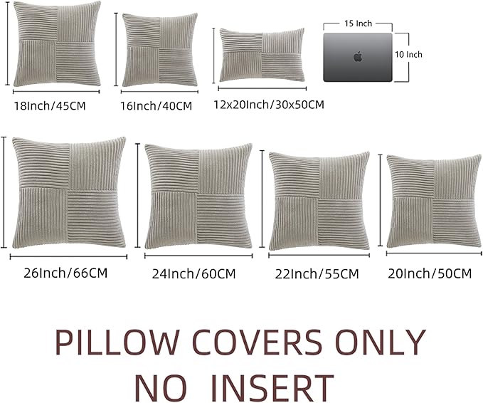 Fancy Homi 2 Packs Neutral Grey Big Decorative Throw Pillow Covers 24x24 Inch for Living Room Couch Bed, Rustic Farmhouse Boho Home Decor, Soft Corss Corduroy Patchwork Accent Square Cushion Case 60cm