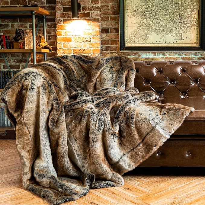 BATTILO HOME Luxury Brown Faux Fur Blanket Thick Warm Elegant Cozy Fuzzy Throw for Couch, Bed, Sofa Fluffy Blankets Decorative Reversible to Plush Velvet, 50"x60"