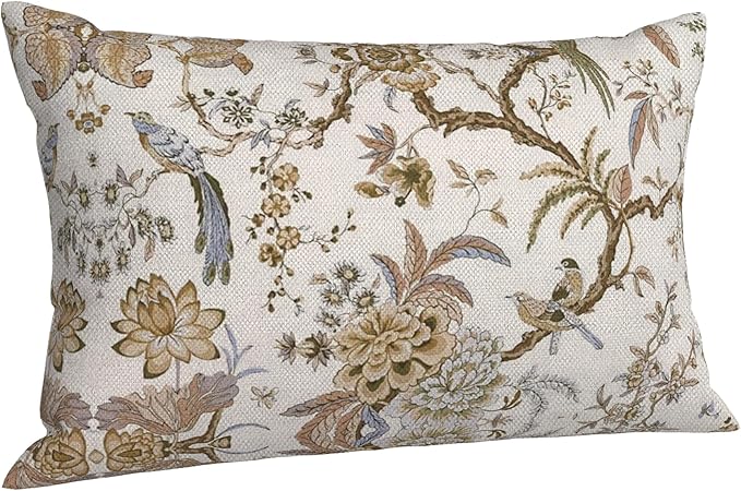 Spring Floral Birds Pillow Covers 12 x 20 Inch Set of 2 for Chinoiserie Flowers Decor Throw Pillows Brown and White Plant Outdoor Decorative Cushion Cases for Couch Bed Decorations
