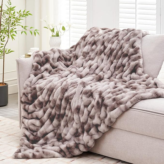 Ultra Soft Luxury Faux Fur Twin Blanket for Counch,Fuzzy Fluffy Plush Warm Cozy Elegant Wrinkled Blanket for Sofa Bedroom Living Room,(60"x80",Tie-dye Taupe)