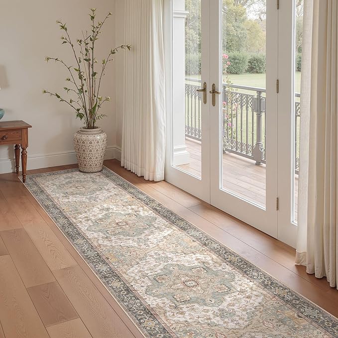 Washable 2.6x12 Runner Rug - Area Rugs Neutral Vintage Distressed Floral Farmhouse Boho Large Soft Floor Rug Indoor Carpet for Hallway Entryway Kitchen Home - Forest Green Orange