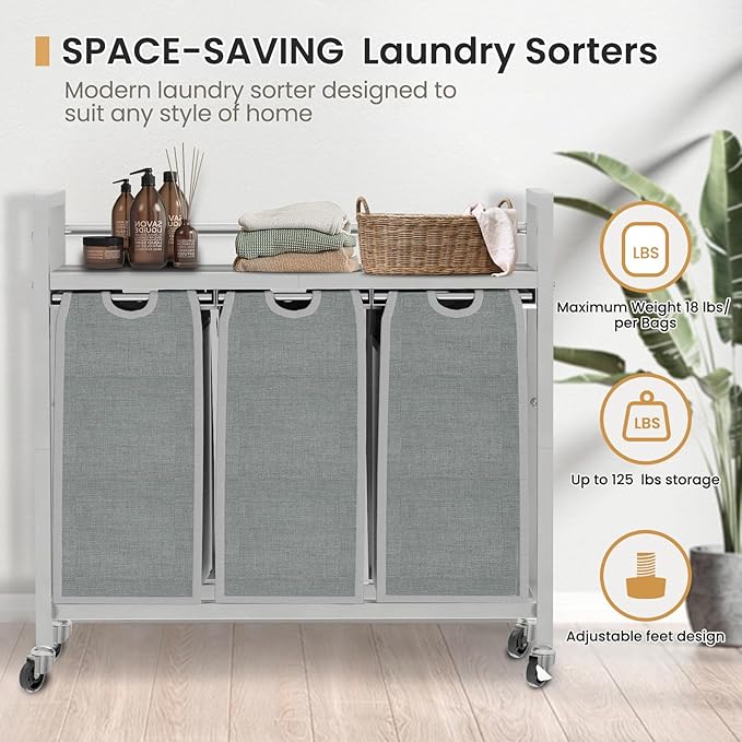 Laundry Hamper, Laundry Basket, Laundry Sorter with 3 Removable Bags, Clothes Basket with 3 Compartments, Wheels, Shelf for Laundry Room Bathroom Bedroom (3 Bags-Gray)