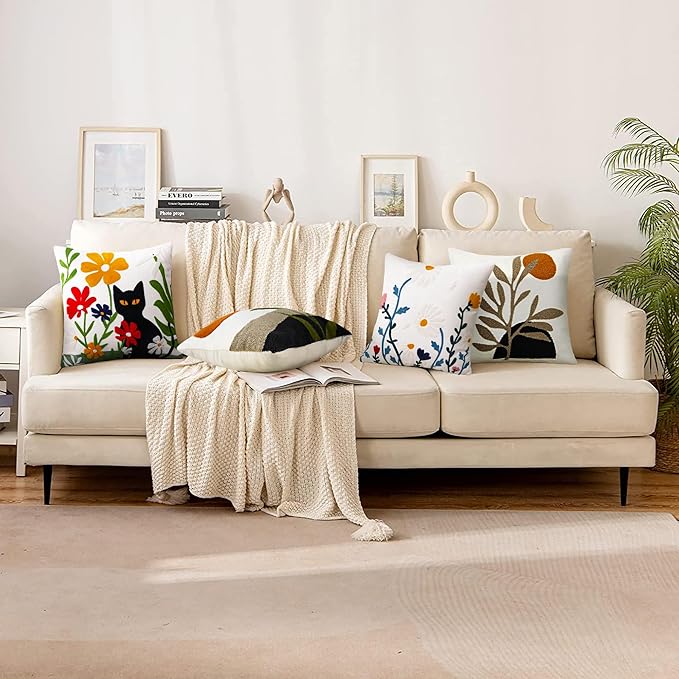 Merrycolor Embroidered Pillow Covers 18x18 Flower Pattern Decorative Throw Pillow Covers Comfortable Cotton Canvas Square Cushion Cases for Sofa Bed Living Room Decor