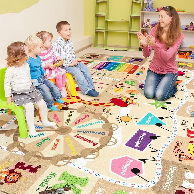 6x9 Playroom Rugs for Kids Washable, Educational and Fun Playmat with ABC Alphabet Animals Shapes Colors, Non-Slip Play Mat Learning Rugs for Baby Toddler Children Game Activity,Beige, Pink