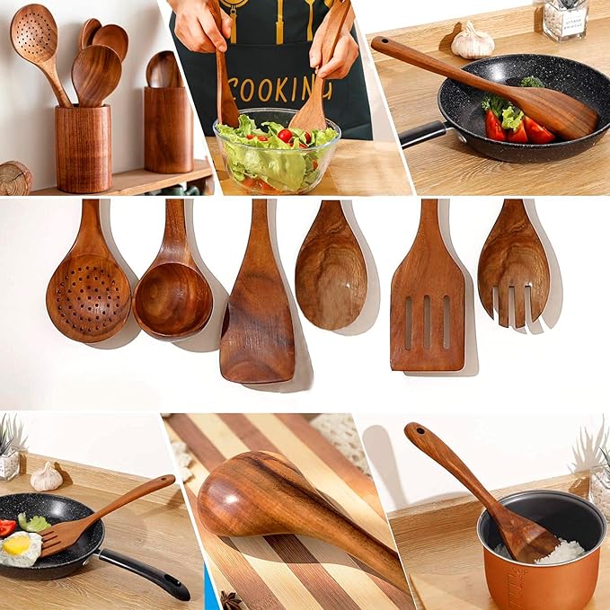 Teak Wooden Kitchen Utensil Set - 7Pcs Wooden Cooking Utensils Including Spatula