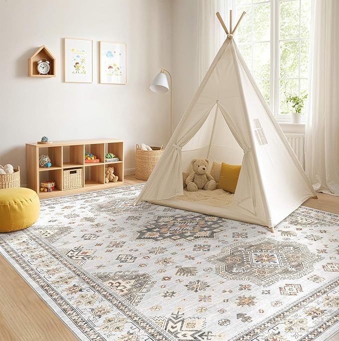 Washable Area Rugs for Living Room -10x12 Neutral Vintage Distressed Floral Farmhouse Boho Large Soft Floor Rug Indoor Non Slip Carpet for Living Room Bedroom Dining Room Office-Blue Brown