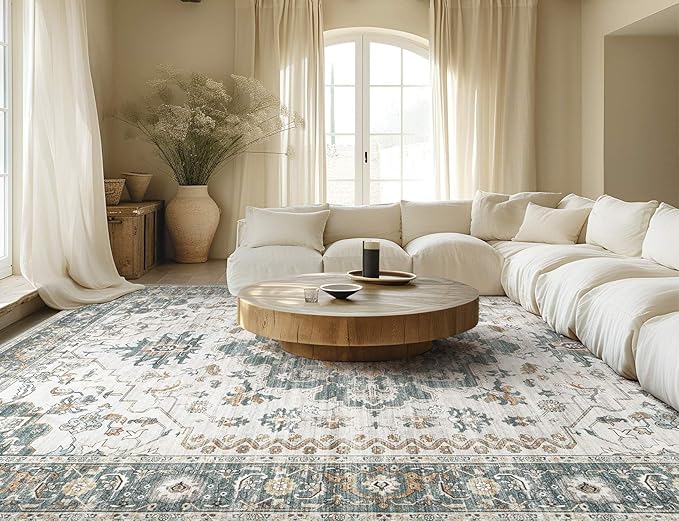 Washable Area Rugs for Living Room -9x12 Neutral Vintage Distressed Floral Farmhouse Boho Large Soft Floor Rug Indoor Non Slip Carpet for Living Room Bedroom Dining Room Office -Green/Grey